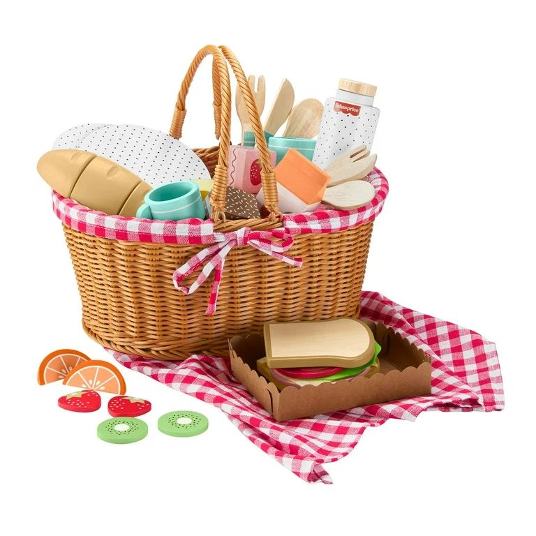 Fisher-Price Wooden Picnic Basket and Food Pretend Play Set for Preschool Kids, 31 Pieces | Walmart (US)