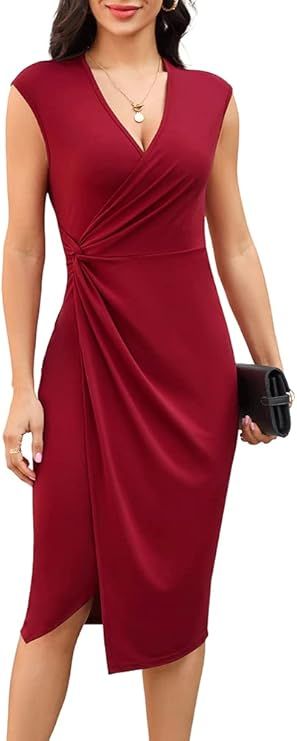 BINOVISOR Women Casual Sleeveless V Neck Twist Front Waist Bodycon Slit Cocktail Party Midi Dress | Amazon (US)