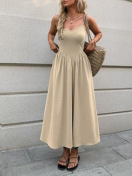 Women’s Sleeveless V-Neck Maxi Dress with Pockets – Slim Fit Casual Summer Spaghetti Strap Dr... | Amazon (US)