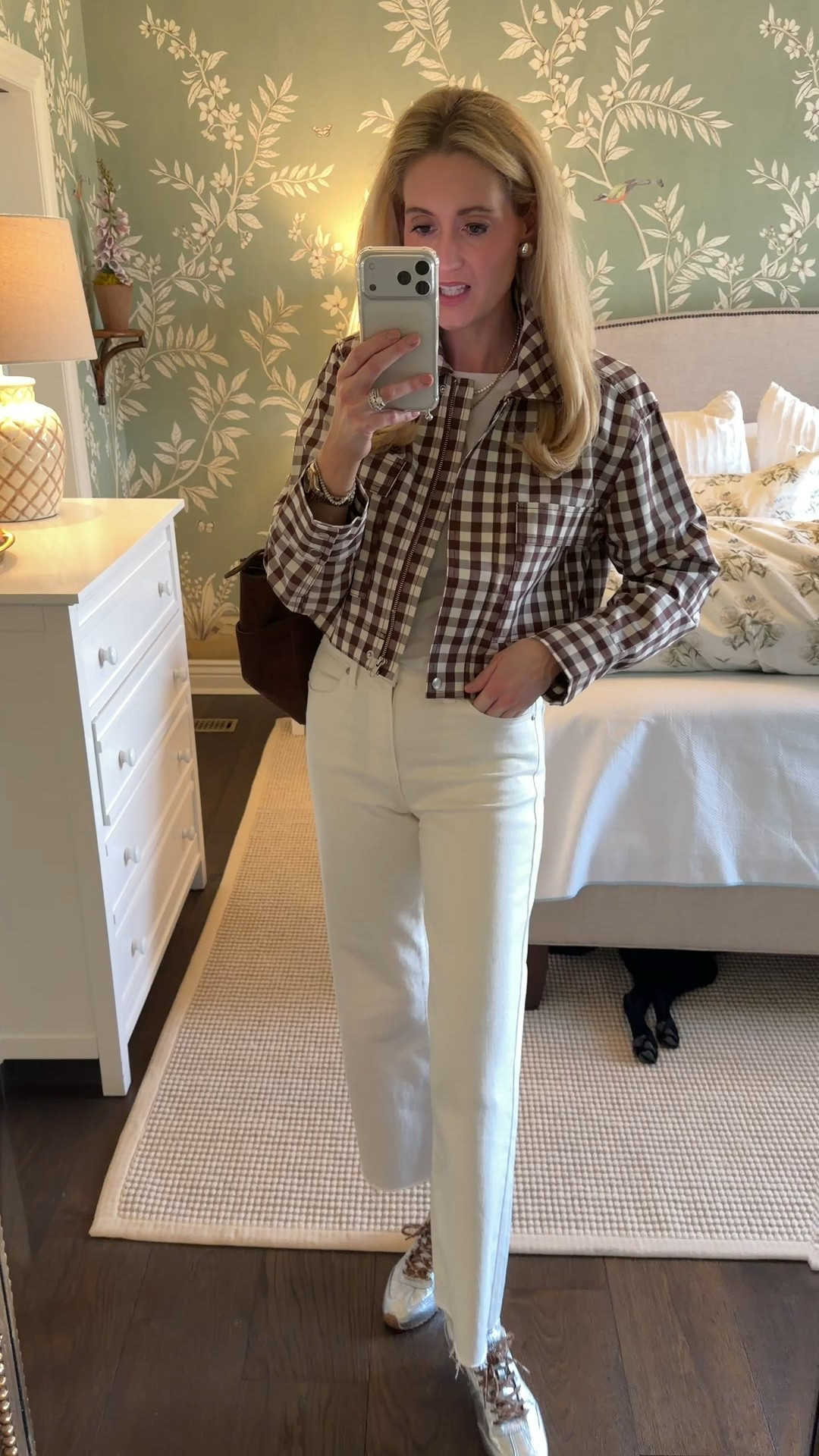 Cutest gingham target jacket! @Target I also love these @Avara jeans and @marina_larroude sneakers! They’re 40% off today! I also have on my $9 Walmart tee! 

#carpool #momstyle #whitejeans #elevatedcasual 

#LTKmomlife #LTKootd