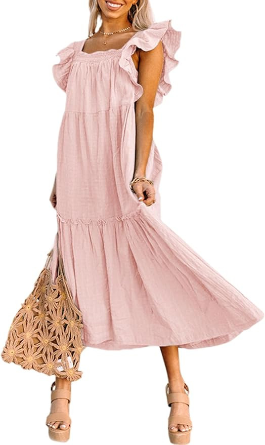 Dokotoo Women's 2024 Spring Summer Square Collar Dress Off Shoulder Style Elegant Ruffle Hemline ... | Amazon (US)