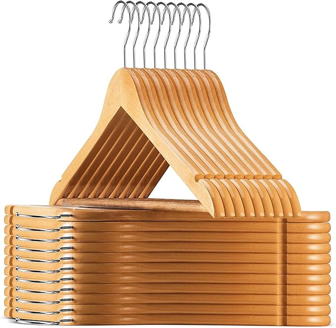 High-Grade Wooden Suit Hangers- Smooth Finish Solid Wood Coat Hanger with Non Slip Pants Bar, 360... | Amazon (US)