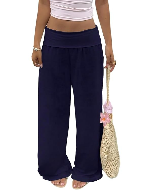 Sastianaen Women Linen Blend Fold Over Wide Leg Pants Low Rise Boho Palazzo Lounge Vacation Trous... | Amazon (US)