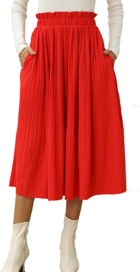 Naggoo Women's Skirts High Elastic Waisted Casual Skirt Pleated Floral/Solid Midi Skirts with Poc... | Amazon (US)