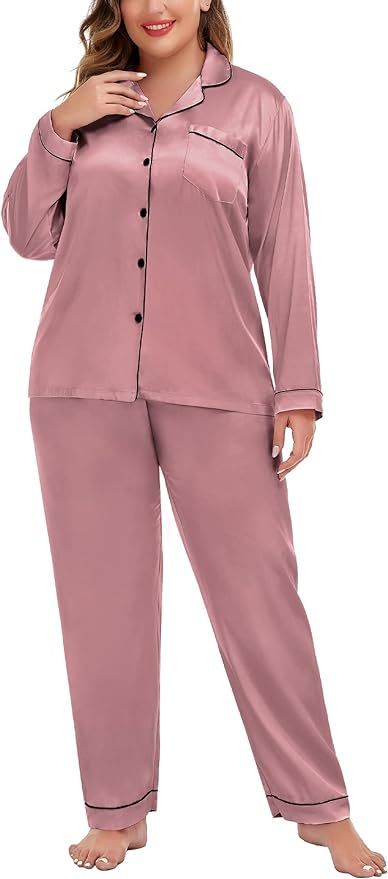 SWOMOG Plus Size Pajama Set for Women Silk Satin Pajamas Long Sleeve Sleepwear Button Down PJs So... | Amazon (US)
