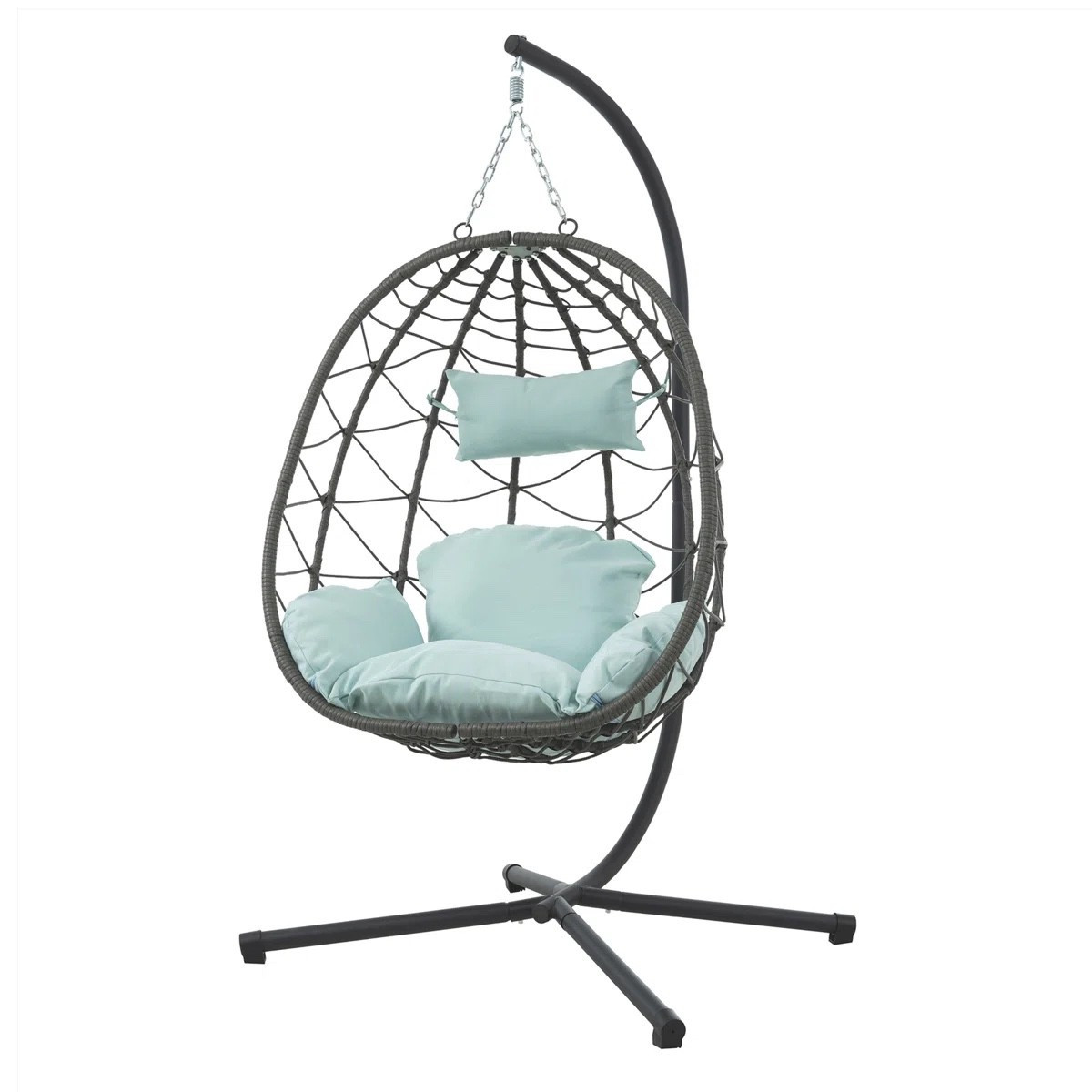 This outdoor hanging egg chair is the ultimate cozy moment for patios, balconies, or sunrooms. I love the woven rattan-style frame, sturdy freestanding metal stand, and plush seat + headrest cushions that make it perfect for lounging, reading, or slow mornings outside.