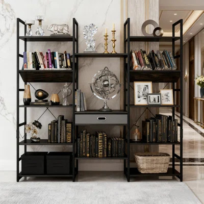 Industrial 5-Tier Bookshelf With Adjustable Shelves And Storage Drawer, Wide Bookcase For Living Room, Bedroom, And Home Office | Wayfair North America