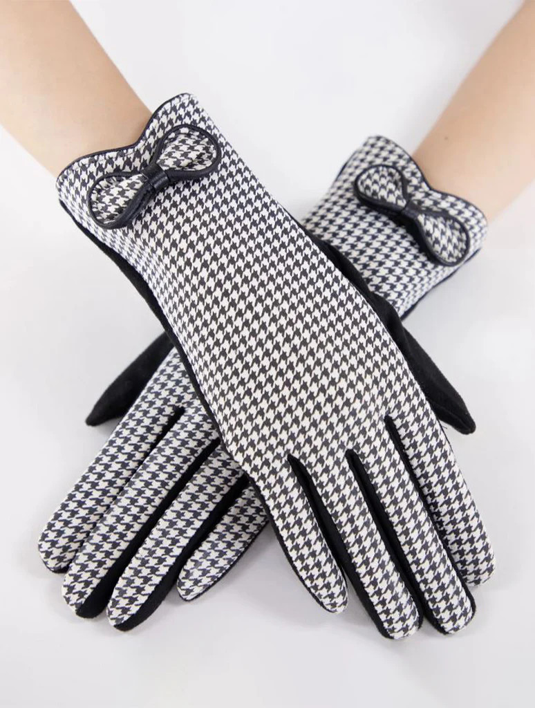 Houndstooth Faux Suede Gloves with Bow Detail (Final Sale) | JAYNE