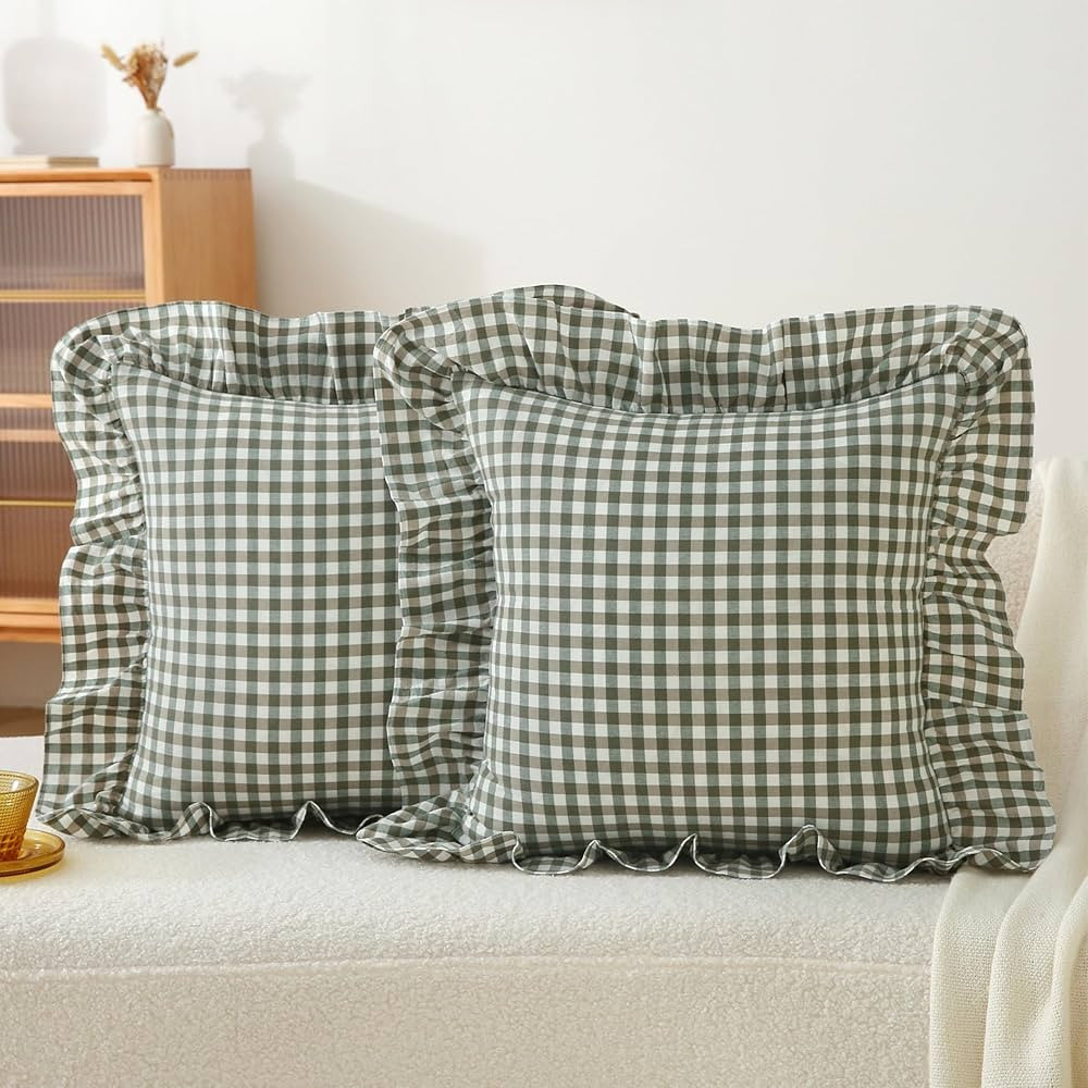 Gingham Pillow Covers (2 Pack) - 22 x22 Inches Sage Green/White Plaid, 100% Washed Cotton Vintage... | Amazon (US)