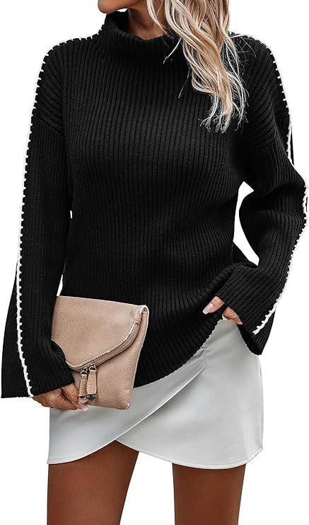 KIRUNDO Women's 2023 Fall Mock Neck Long Sleeve Ribbed Knit Contrast Stitching Oversized Chunky S... | Amazon (US)