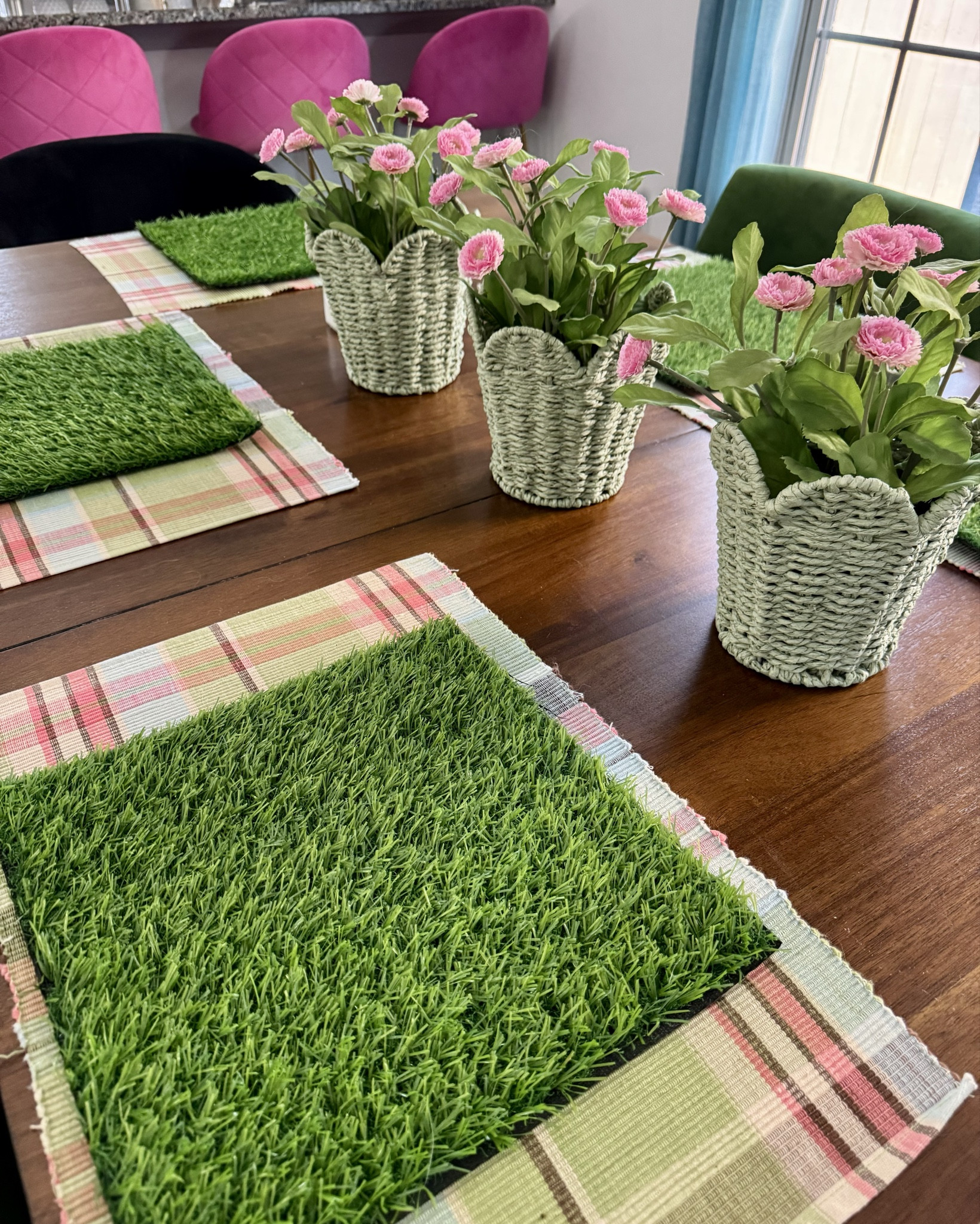 Spring 💐 table ideas!  I just picked up these scalloped baskets at Target!  I already had the little flower pots (years old from IKEA)  I love the little grass squares with plaid placemats!! 

#LTKFindsUnder50 #LTKHome #LTKSeasonal