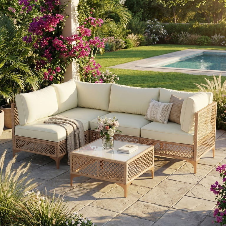 LAZZO 5-Piece Patio Furniture Set, Outdoor Wicker Conversation Set with Thick Cushions & Coffee T... | Walmart (US)