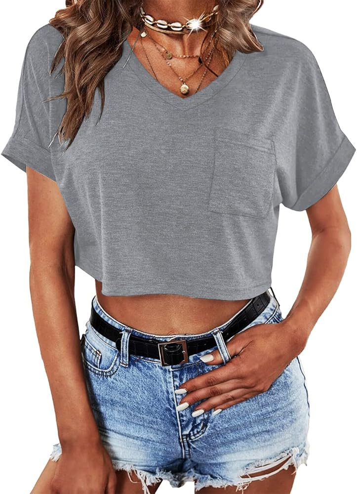 Dyexces Womens Crop Tops Short Sleeve Crewneck Cropped T Shirt Casual Summer Solid Color Loose Ba... | Amazon (US)
