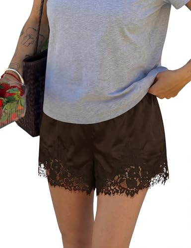 LOMON Women Satin Silk Lace Shorts Y2k Low Rise Micro Mini Shorts Coquette Lounge Half Slip Pj Bottoms Cappuccino Brown M | Amazon (US)