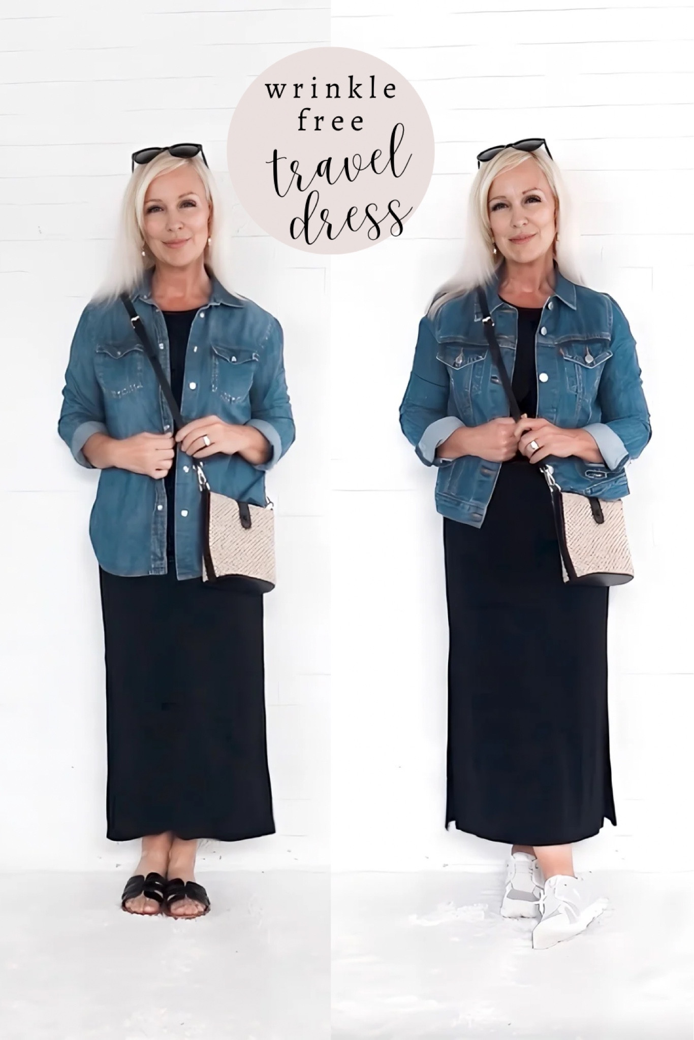 For those of you traveling in September & October, this wrinkle-free travel dress is a great piece that can be dressed up & accessorized from multiple looks. 
- Right: I paired it with a denim jacket on the right. 
- Left: If the denim jacket is too heavy, you can always pair it with a denim shirt (similar linked) or a white button up shirt to cover your arms & shoulders.

#LTKStyleTip #LTKWorkwear #LTKOver40