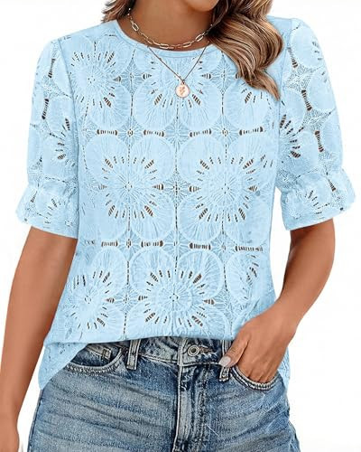 KIRUNDO Lace Tops for Women Blouses Dressy Casual Boho Eyelet Puff Short Sleeve Shirts Spring Summer Clothes Vacation Outfits(Baby Blue, Large) | Amazon (US)
