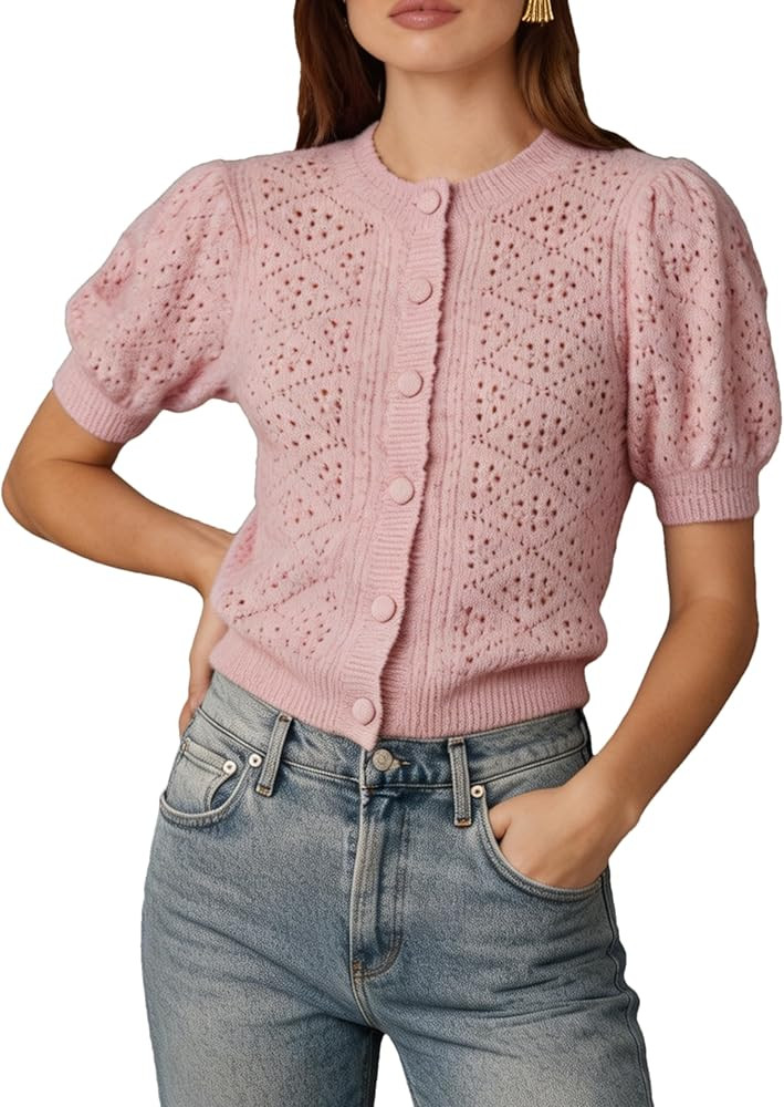 Shiyifa Womens Summer Puff Short Sleeve Cardigan Lightweight Crochet Button Down Sweaters Knit Cr... | Amazon (US)