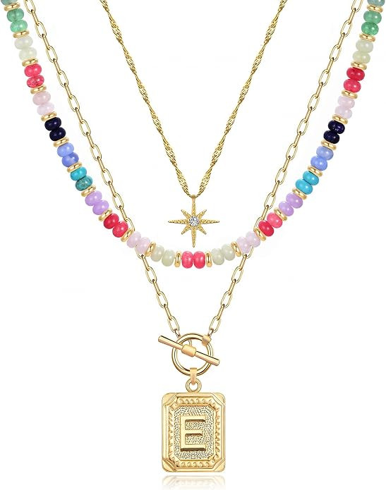 MJartoria Layered Initial Necklaces for Women | 14K Gold Plated Brass, Star Choker, Colorful Bead... | Amazon (US)