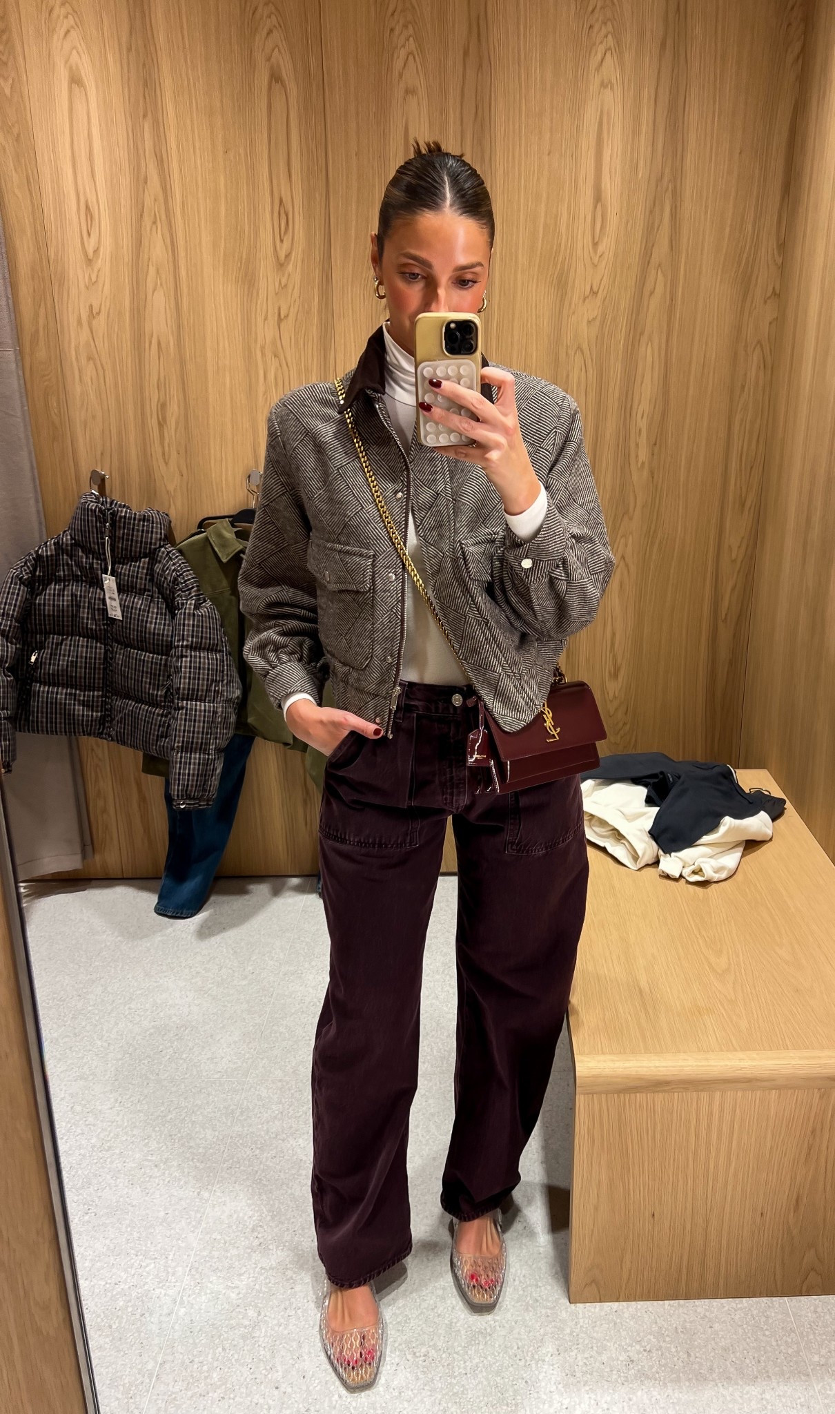 Wearing a small in the houndstooth jacket and a 27 in the jeans! Great little winter outfit. 