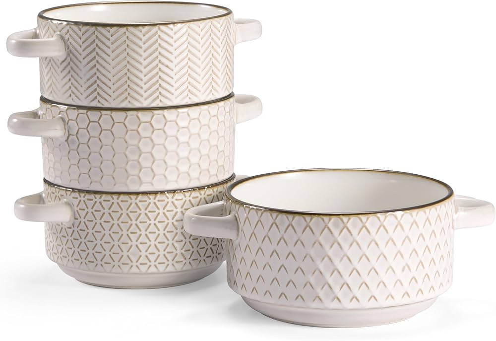 KooK Ceramic Soup Bowls with Handles, Embossed, for Cereal, Dessert, Pastas, Microwave & Dishwash... | Amazon (US)