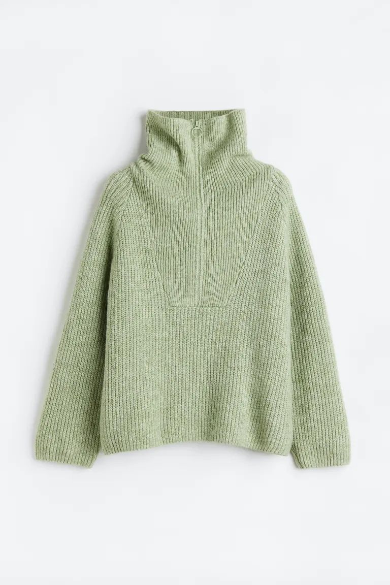 Rib-knit Half-zip Sweater - Light green - Ladies | H&M US | H&M (US)