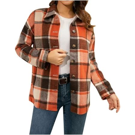 Orange Women Shacket Jacket Winter Casual Pockets Printed Long Sleeve Tops Jacket Plaid Coat L | Walmart (US)
