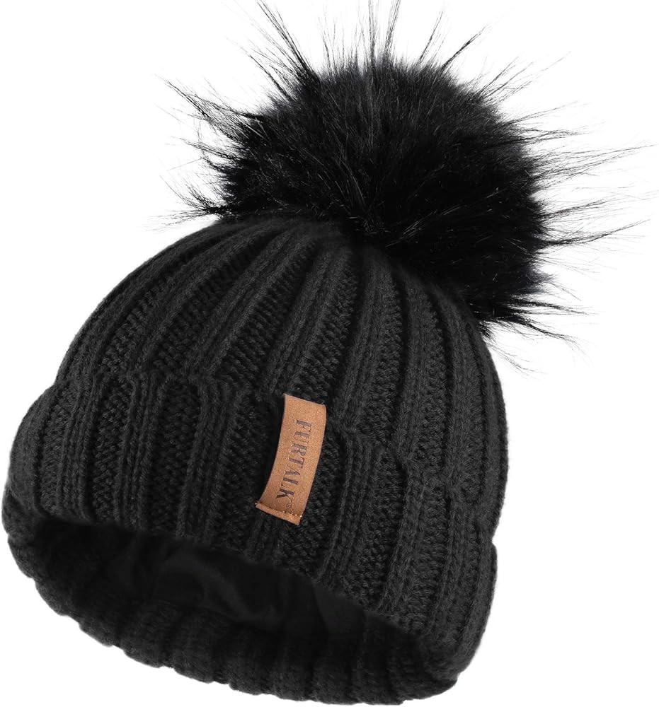 Kids Winter Knitted Pom Beanie Bobble Hat Cotton Lined Faux Fur Ball Pom Pom Cap Unisex Kids Beanie  | Amazon (CA)