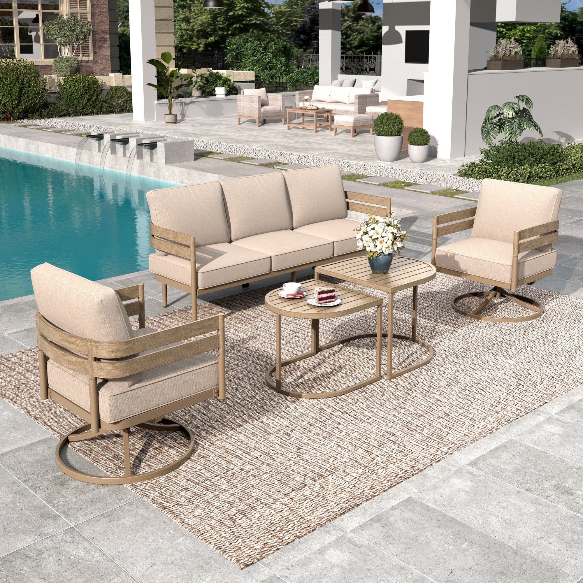 Summit Living 5-Piece Metal Outdoor Patio Furniture Set with Swivel Chairs, Wood-Grain Outdoor Pa... | Walmart (US)