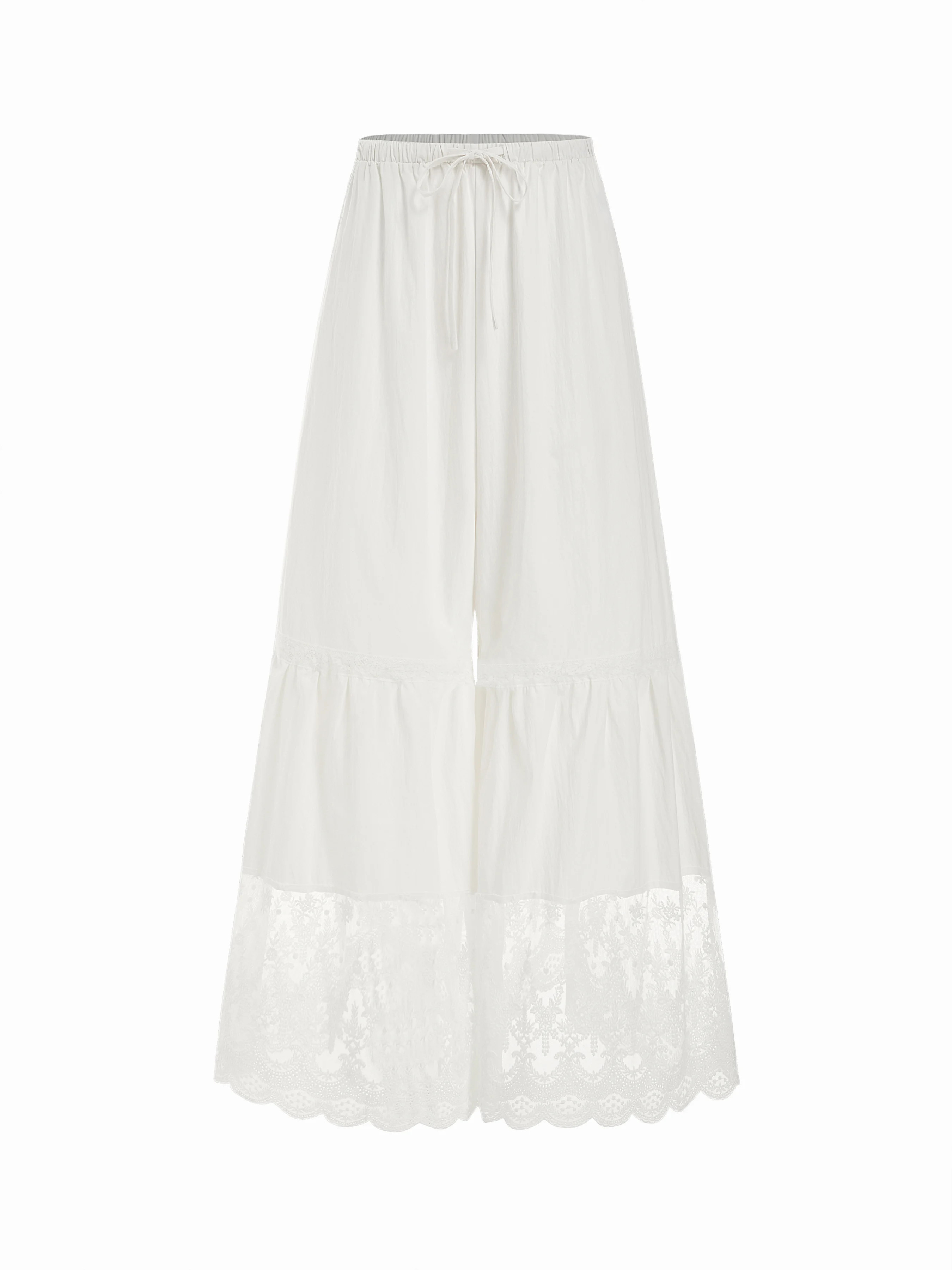 Woven Mid Rise Drawstring Lace Trim Wide Leg Trousers For Daily Casual Vacation | Cider