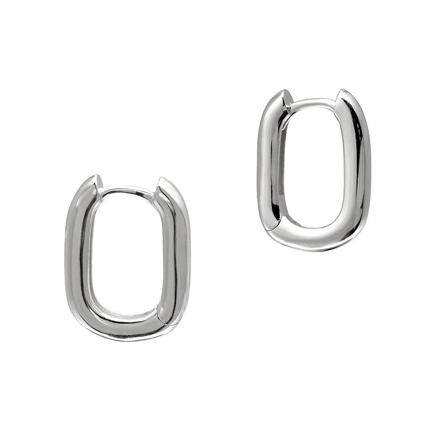 925 Sterling Silver Tiny Huggie Hoop Earrings Rounded Rectangle, White Gold Plated | Amazon (US)