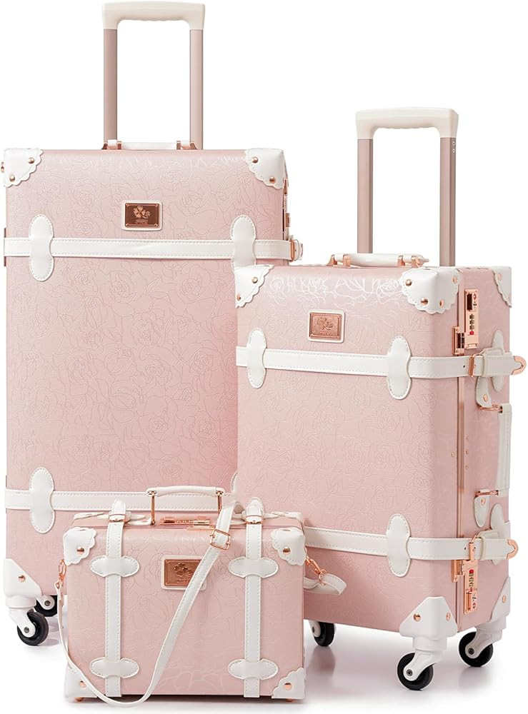 Amazon.com | urecity Vintage Luggage Sets of 3 Piece - Hardside Lightweight Spinner Suitcases - Retro Travel Set includes Under Seat Train Case, 26"+20"+12" (Elegant Pink) | Luggage Sets, Amazon Luggage | Amazon (US)