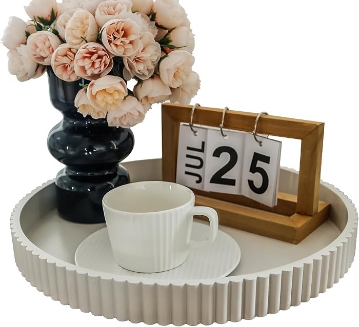 Round Decorative Tray for Coffee Table Decor, 11.8in Cream White Decorative Serving Tray for Kitc... | Amazon (US)