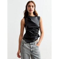 New Look Ruched Leather Sleeveless Top - Black | Very (UK)
