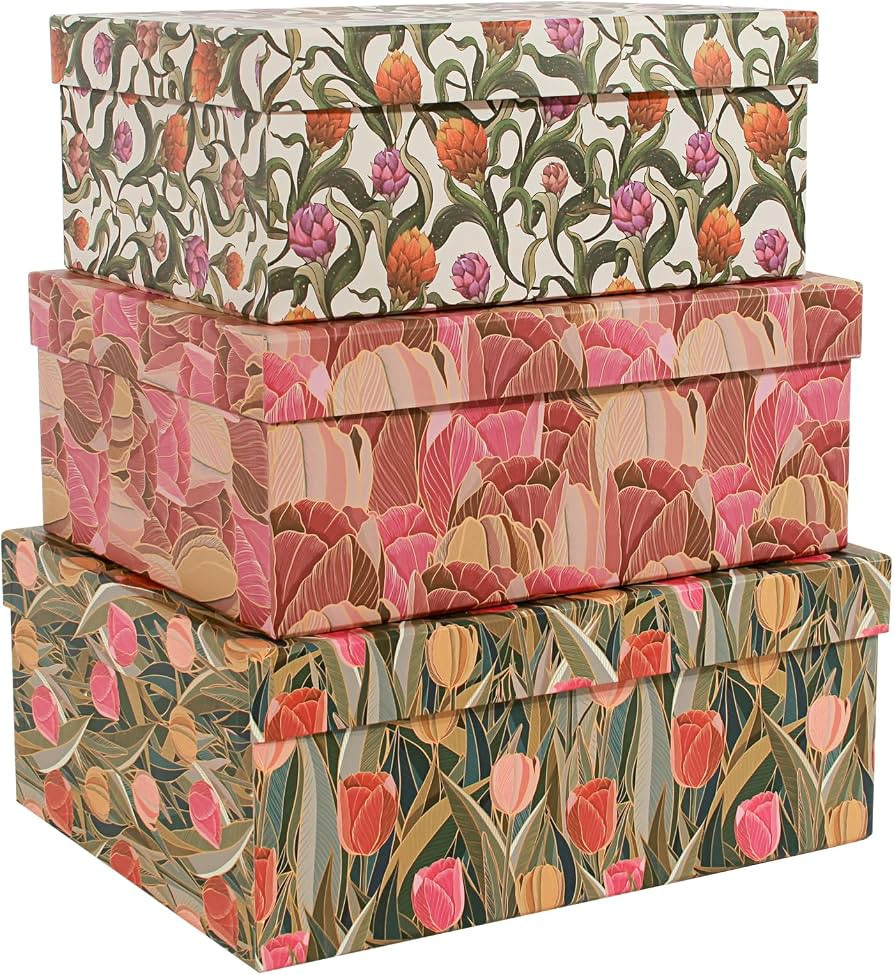 3-Piece Decorative Storage Boxes with Lids, Tulip Design, Vintage Floral, Cardboard Paperboard Ke... | Amazon (US)