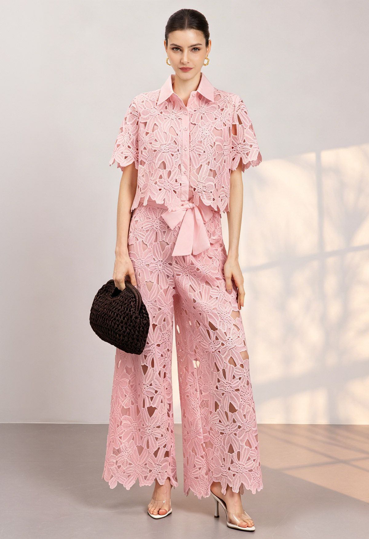Guipure Lace Crop Shirt and Tie-Waist Pants Set in Pink for Resort Vacations & Daytime Occasions | Chicwish