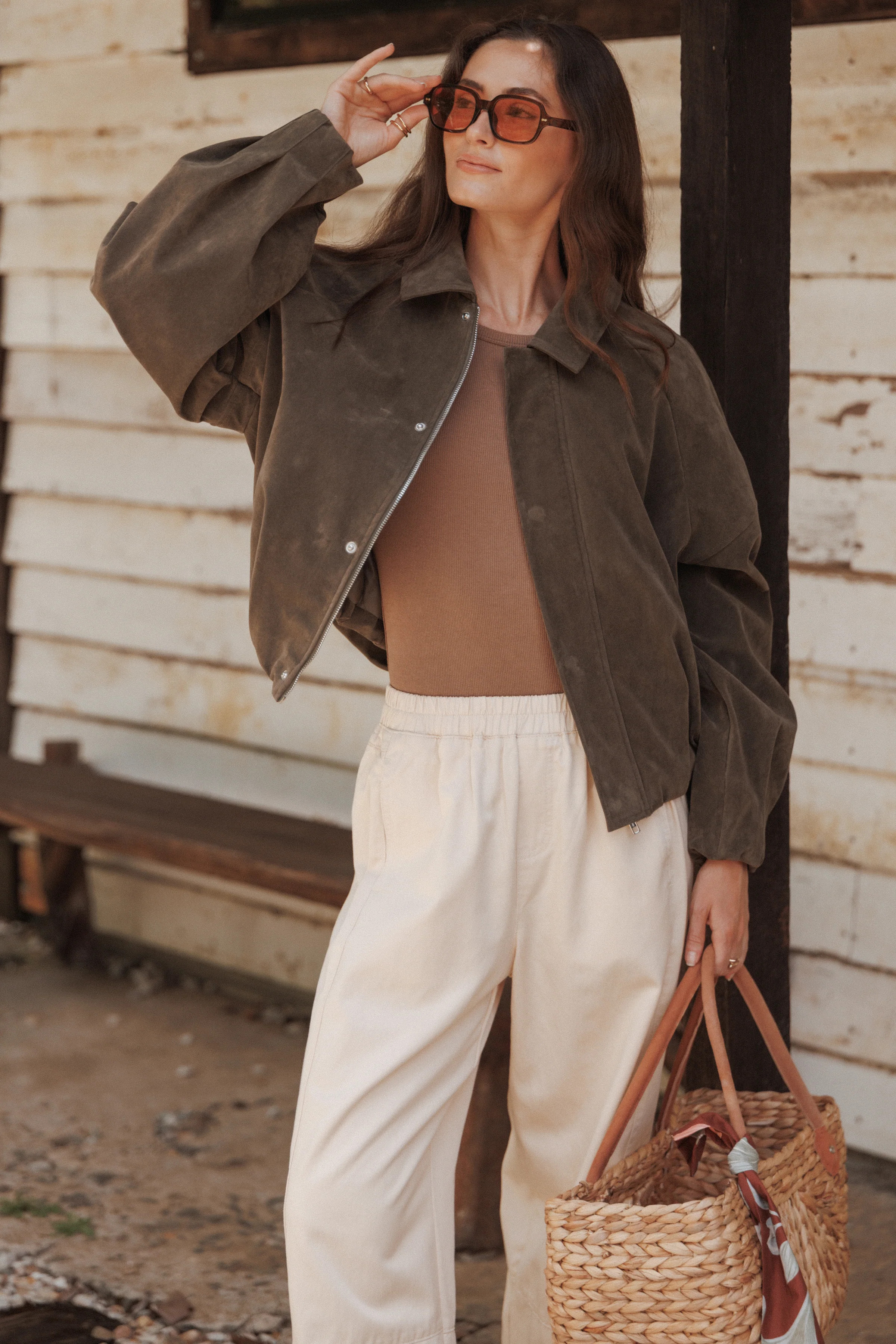 Jensen Faux Suede Bomber Jacket - Olive | Petal & Pup (AU)