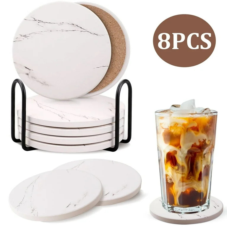 LANNEY 8 Pcs Drink Coasters with Holder, Cork Absorbent Coasters for Drinks, 4 Inches Marble Styl... | Walmart (US)