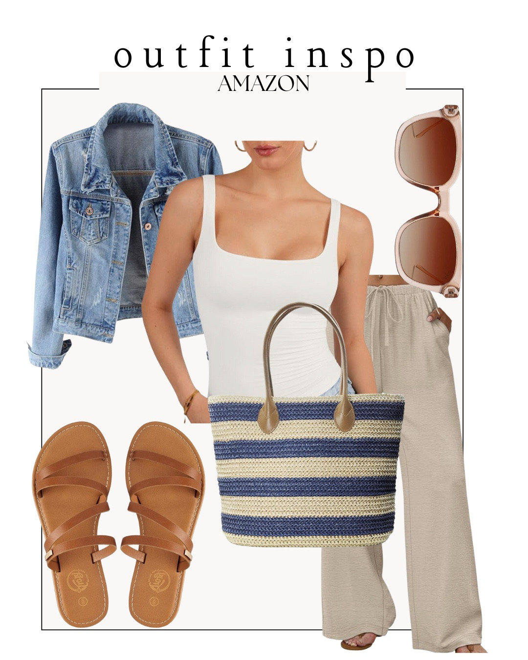 Layered spring outfit from amazon — white double lined tank top, linen pants, denim jacket, brown sandals, and striped tote bag







outfit inspo, outfit ideas, casual outfits amazon, amazon outfits every day, early spring outfits, spring break outfit, vacation outfit, khaki linen pants 

#LTKootd #LTKSaleAlert #LTKPetite