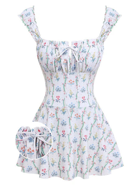[Pre-Sale] White 1970s Floral Ruffle Cap-Sleeve Square-Neck Swimdress | Retro Stage
