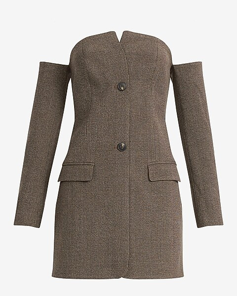 Houndstooth Off The Shoulder Mini Blazer Dress with Pockets | Express