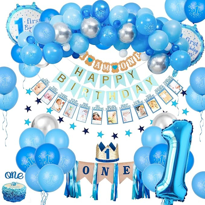 JOYYPOP Boy 1st Birthday Decorations 70Pcs First Birthday Decorations with Baby Crown, 12 Months ... | Amazon (US)