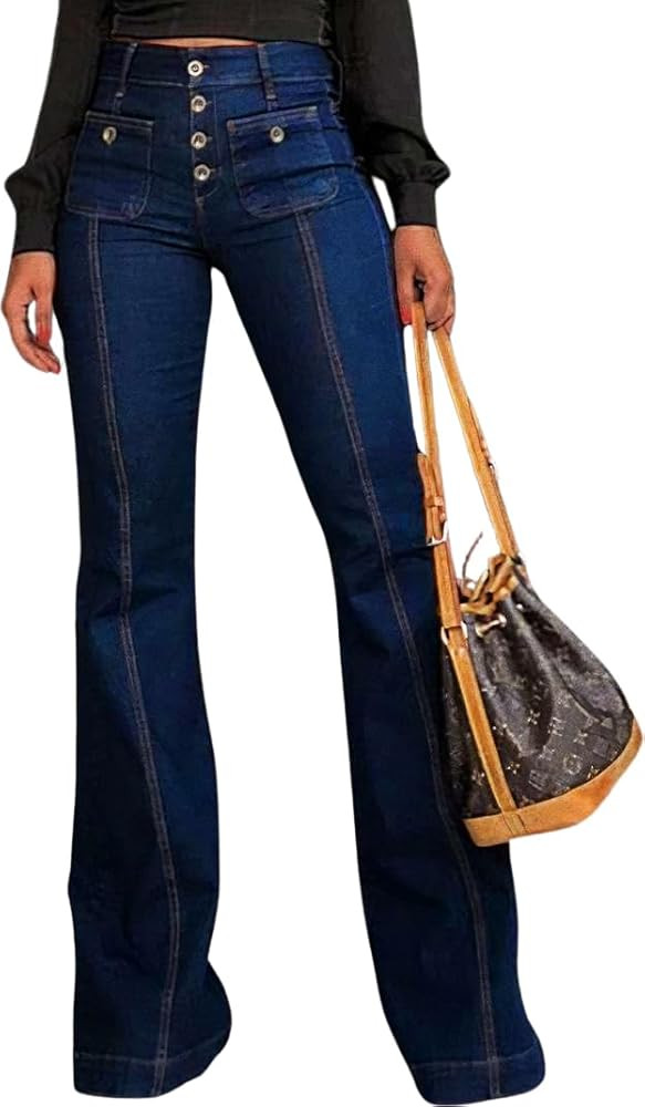 yoeasy Women's Flare Bell Bottom High Waist Jeans Vintage Stretch Bootcut Denim Trouser with Pock... | Amazon (US)