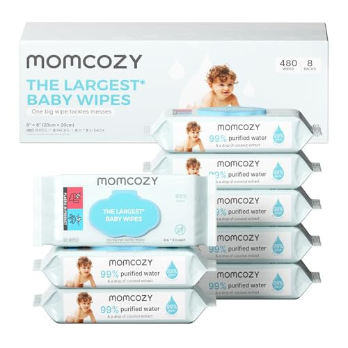 Momcozy Baby Wipes-Extra Large Size Design, 99% Water Based, Unscented & Hypoallergenic, Cleansing & Moisturizing Baby Wipes for Sensitive Skin, 8 Flip-Top Packs (480 Wipes Total) | Amazon (US)