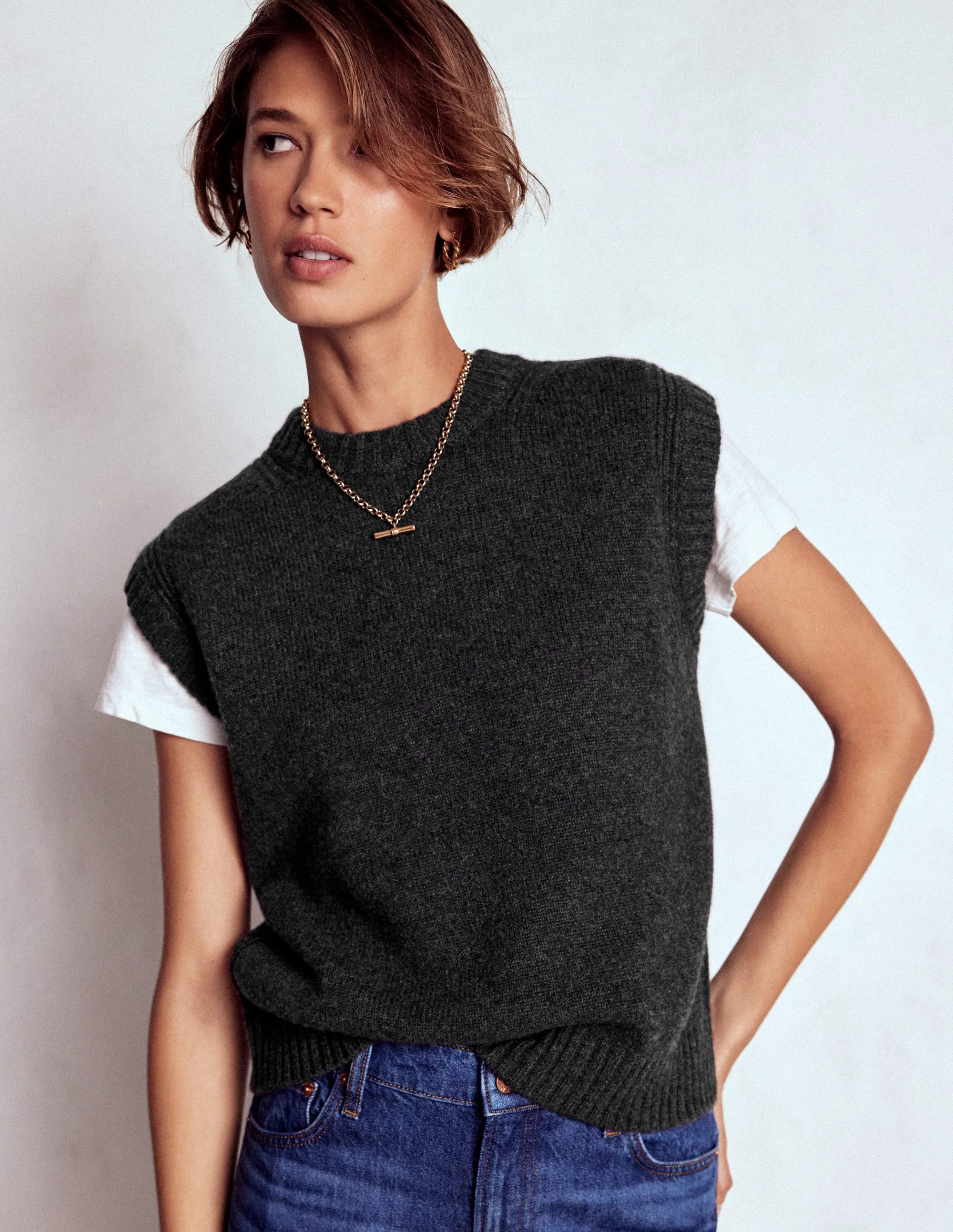 Cashmere Ribbed Trim Vest-Charcoal Melange | Boden (US)