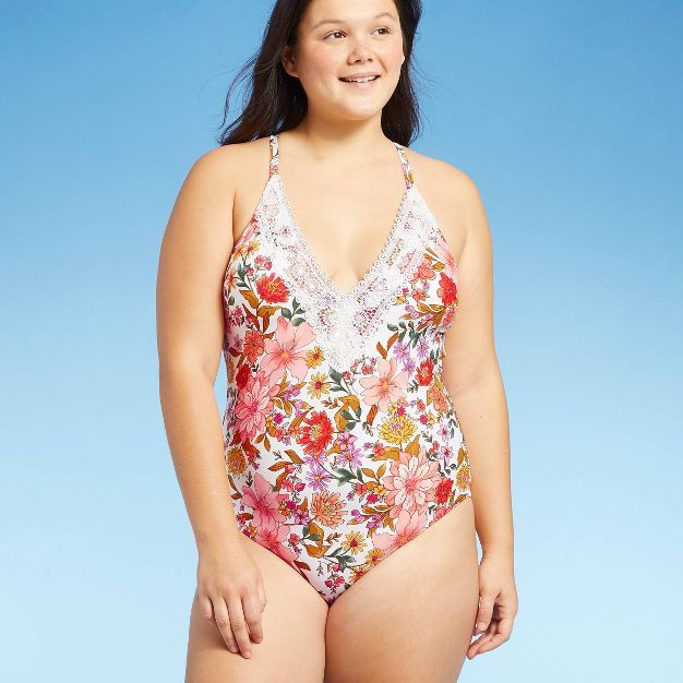 Women's Lace Trimmed One Piece Swimsuit - Sea Angel White | Target
