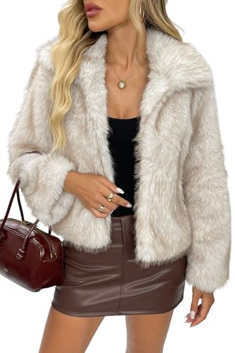 ELLEVEN Faux Fur Jacket Coat Women Winter Fluffy Warm Cropped Overcoat Furry Fuzzy Plush Shaggy Cardigan Casual Sexy Fashion Lapel Collar Long Sleeve Hidden Hooks Pockets Khaki & White Large | Amazon (US)