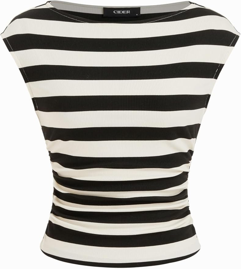 CIDER Striped Boat Neck Tops for Women Sleeveless Ruched Crop Tank Tops Slim Fit Trendy Summer Ou... | Amazon (US)