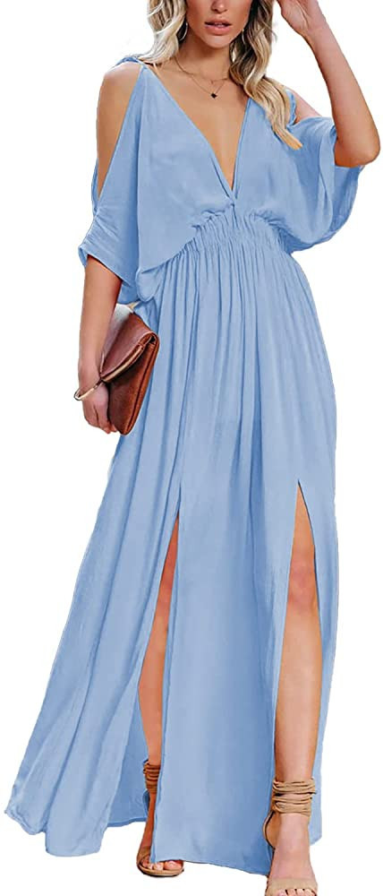 DEEP SELF Women Summer V Neck Cold Shoulder Short Sleeve Maxi Dress High Waist Split Wedding Gues... | Amazon (US)