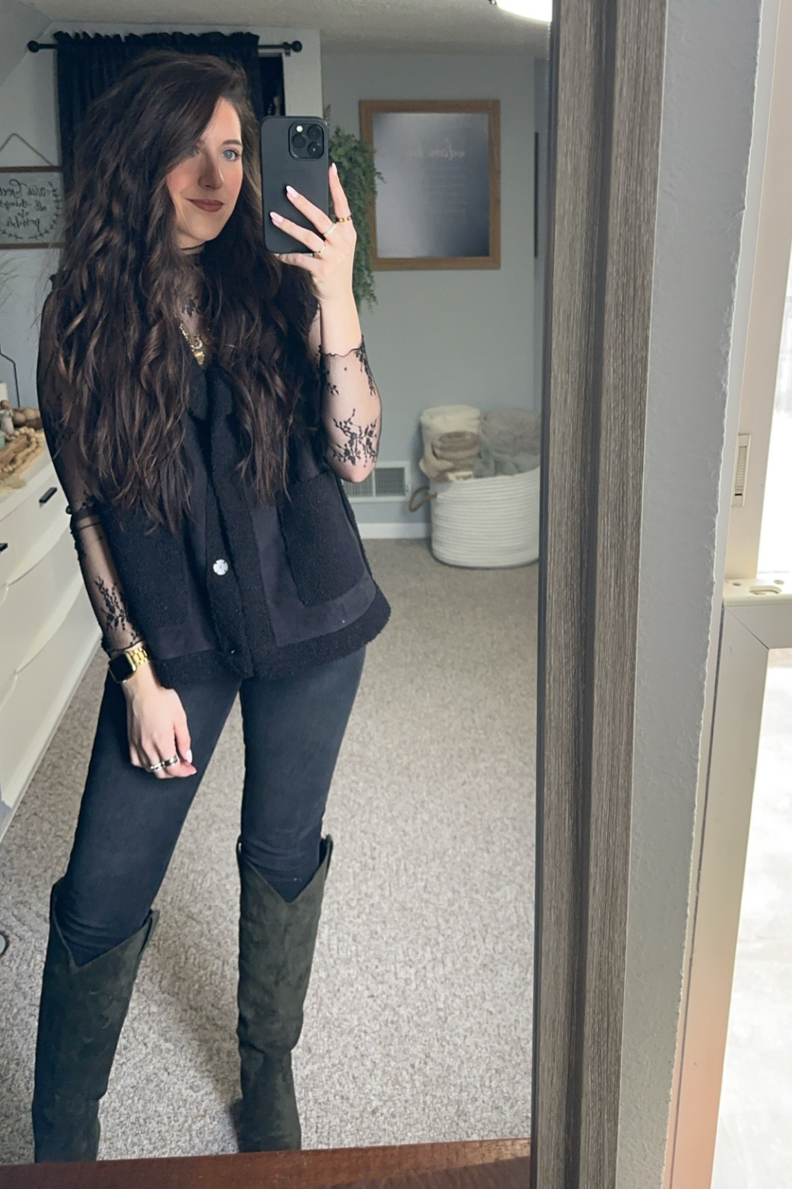 Everything tagged in my post except for my jeans. They are the Risen Black Skinny Jean size 25, I purchased them from my local boutique - The Vintage Rose! The vest is sold out in black but they still have the brown, camel color available! I purchased large so it wasn’t fitted!

Lace top - small
Vest - large
Jeans - size 25 regular 
Boots - TTS, size 7.5 
Jewelry linked💋

#LTKMostLoved #LTKSeasonal #LTKFindsUnder50