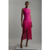 Karen Millen Figure Form Bandage Tassel Hem Knitted Dress in Magenta | Size Medium | Karen Millen